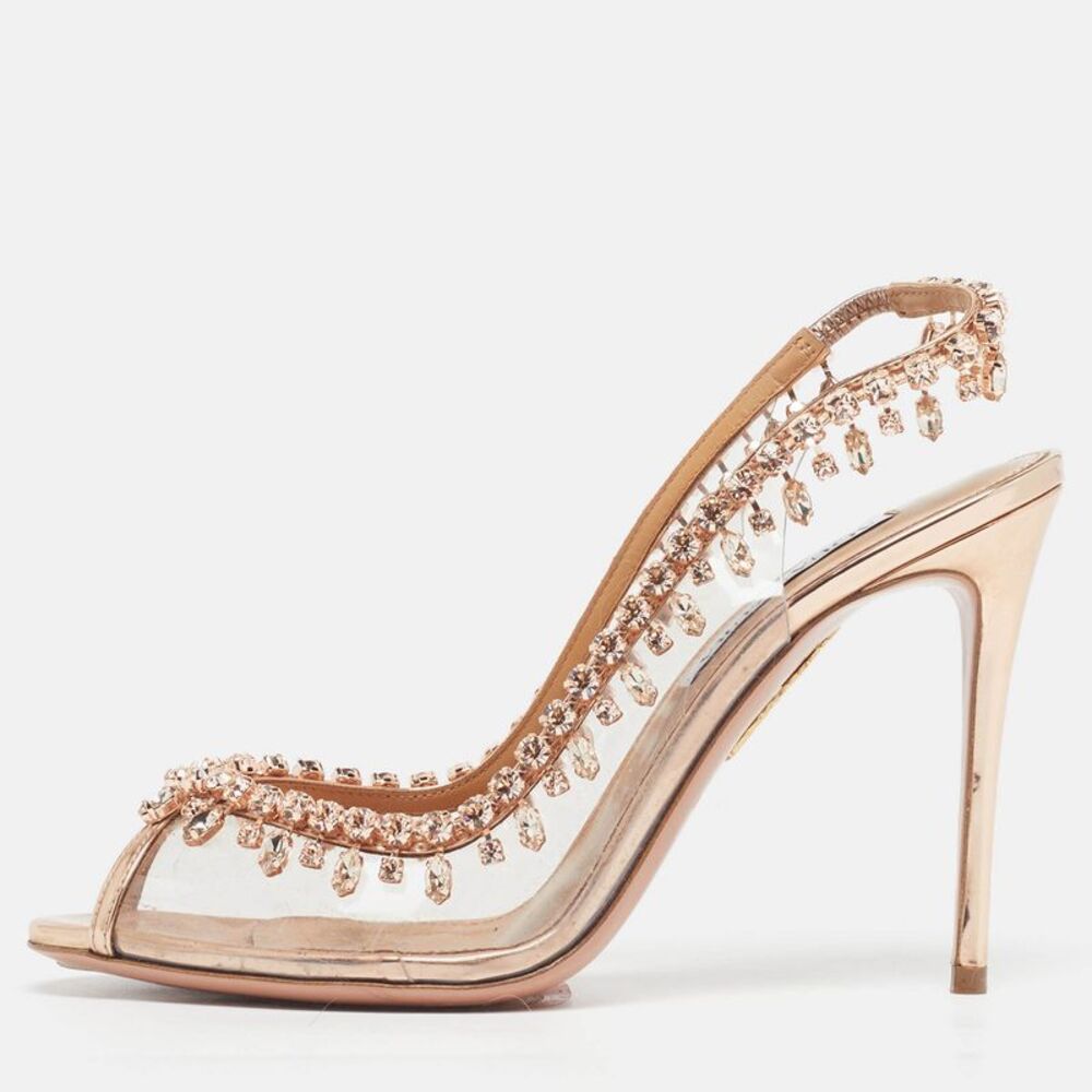 Aquazzura Temptation Size 38 Rose Gold/clear Patent Leather And Pvc Slingback